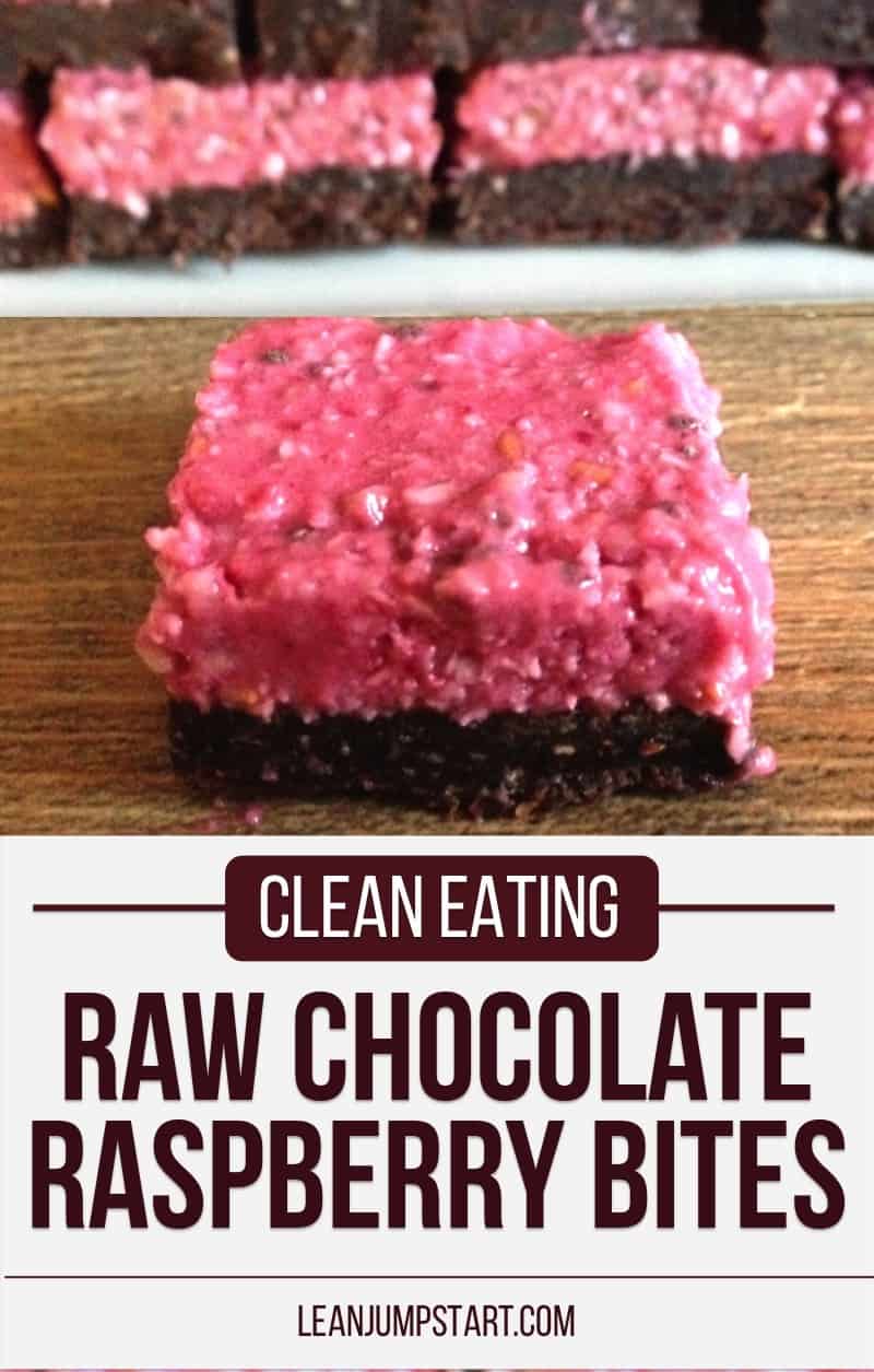 raw chocolate raspberry cake in bites  with text overlay