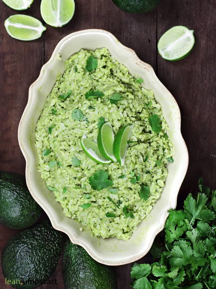 avocado cilantro lime rice in a white dish