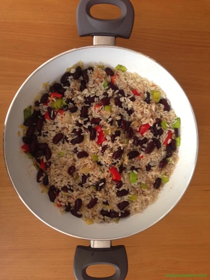 coconut rice with beans in a skillet