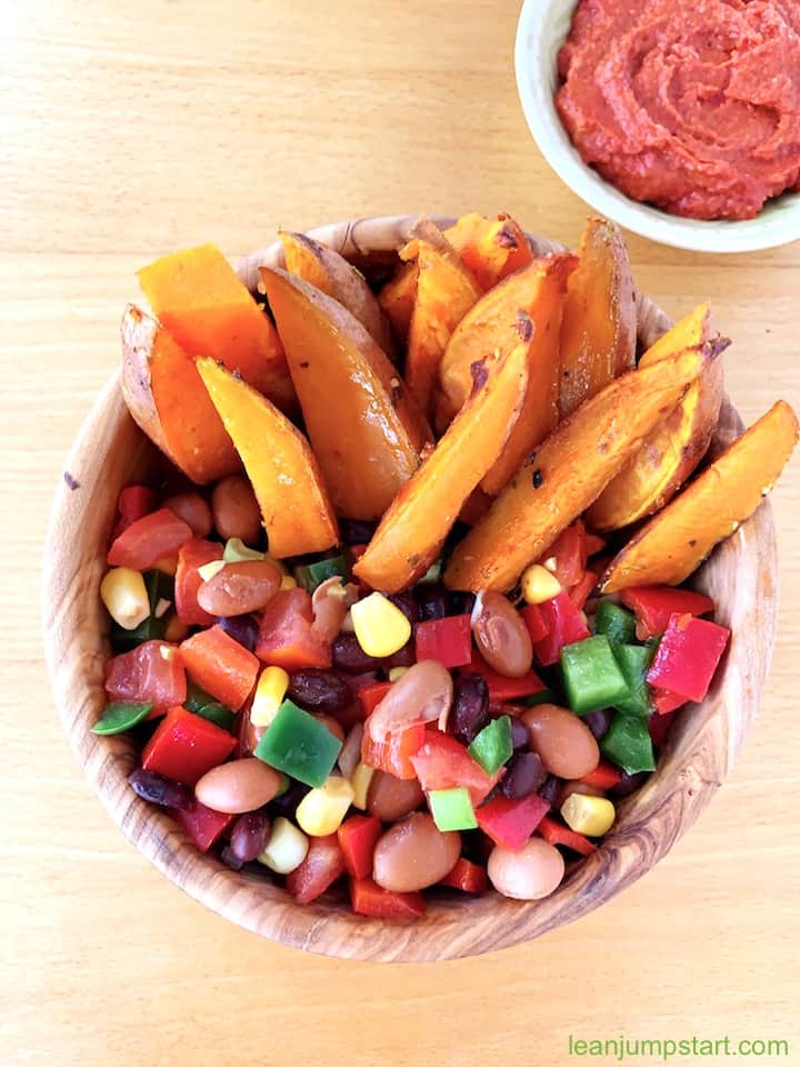 cowboy caviar with sweet potato wedges