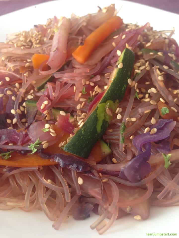 bean thread stir-fry variation using zucchini and kohlrabi and sprinkled with sesame seeds