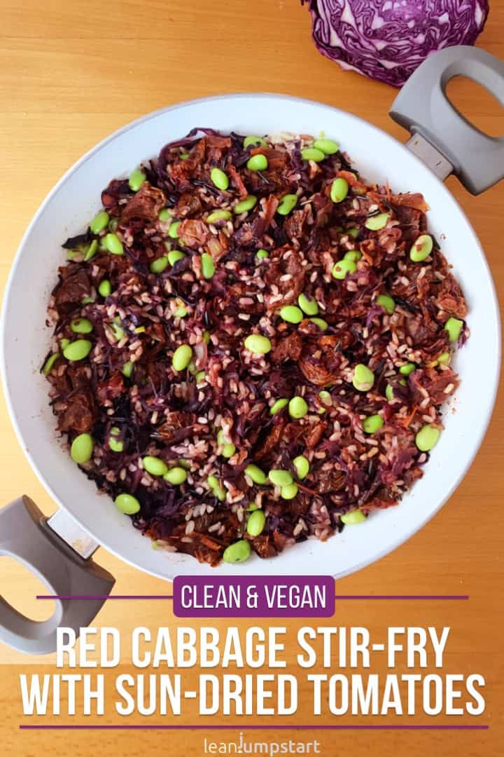 red cabbage stir fry with edamame and text overlay