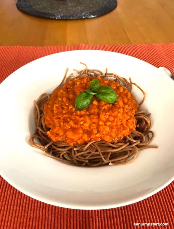 red lentil whole grain spaghetti in a pasta plate