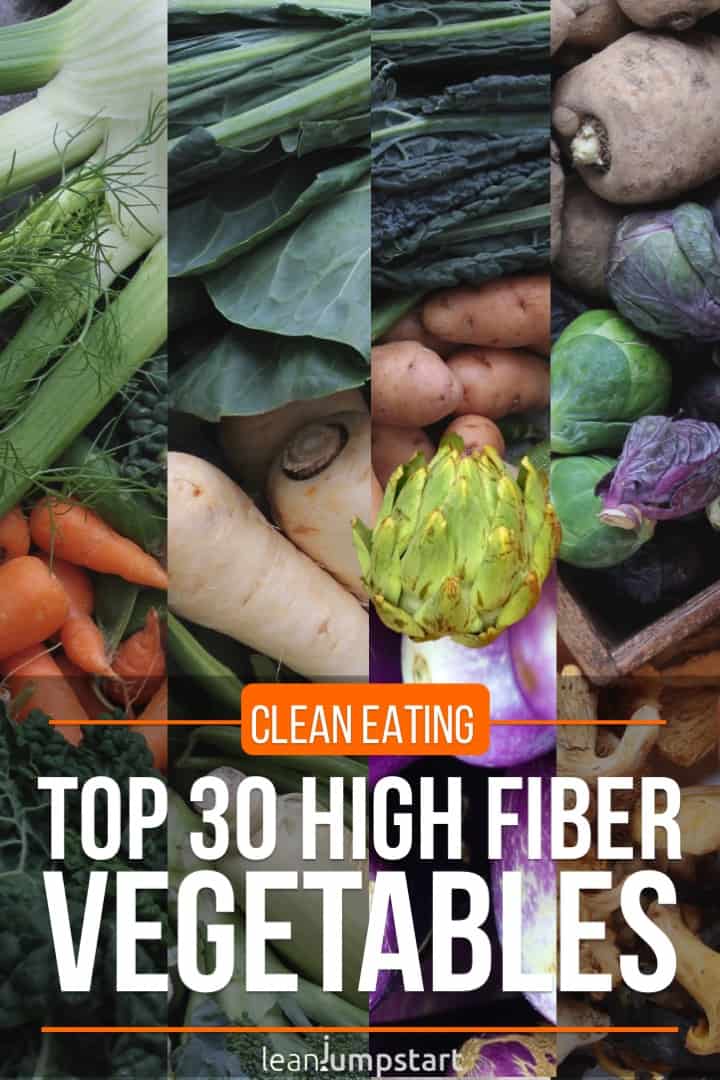 collage of top 30 high fiber vegetables with text overlay