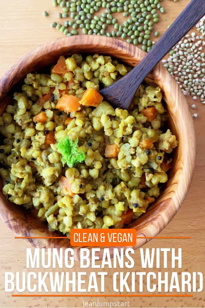 mung beans with buckwheat in a wooden bowl including title 