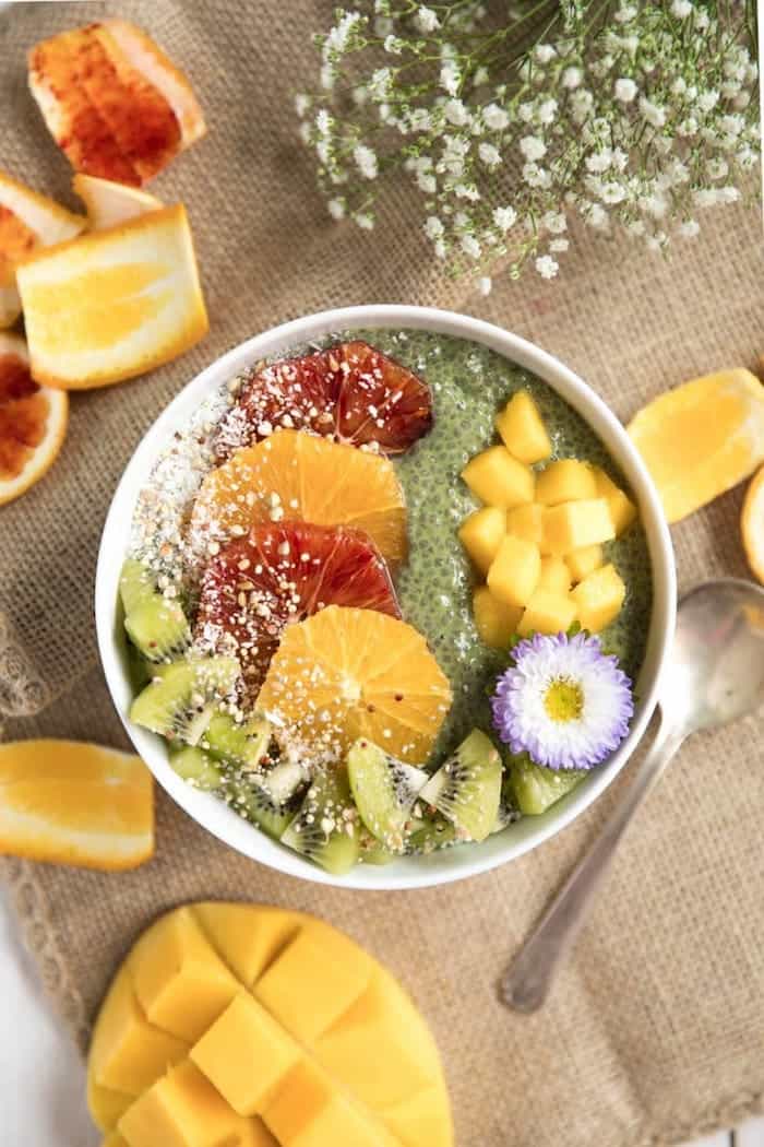 matcha chia pudding fruit bowl