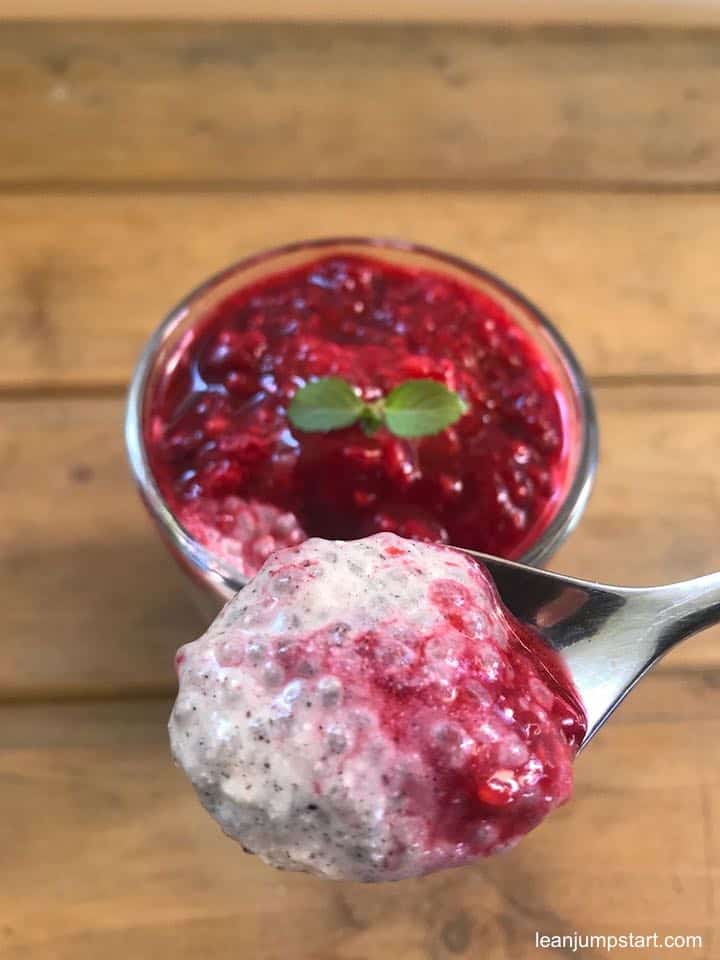 chia pudding with raspberry puree closeup