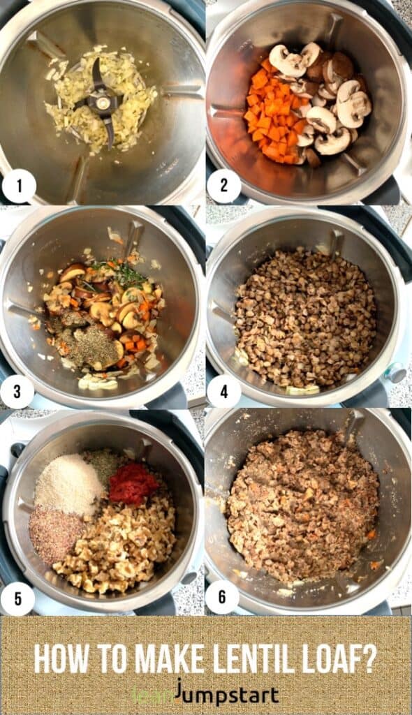6 step-by-step shots showing how to make a wholefood plant-based lentil loaf