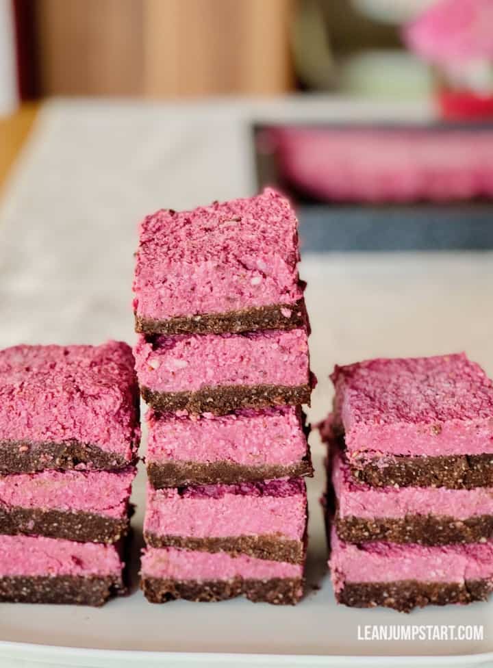 chocolate raspberry squares in pile