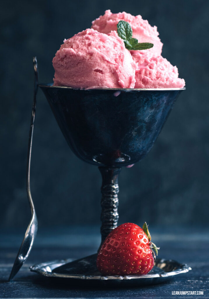vegan strawberry ice-cream arranged in a bowl 